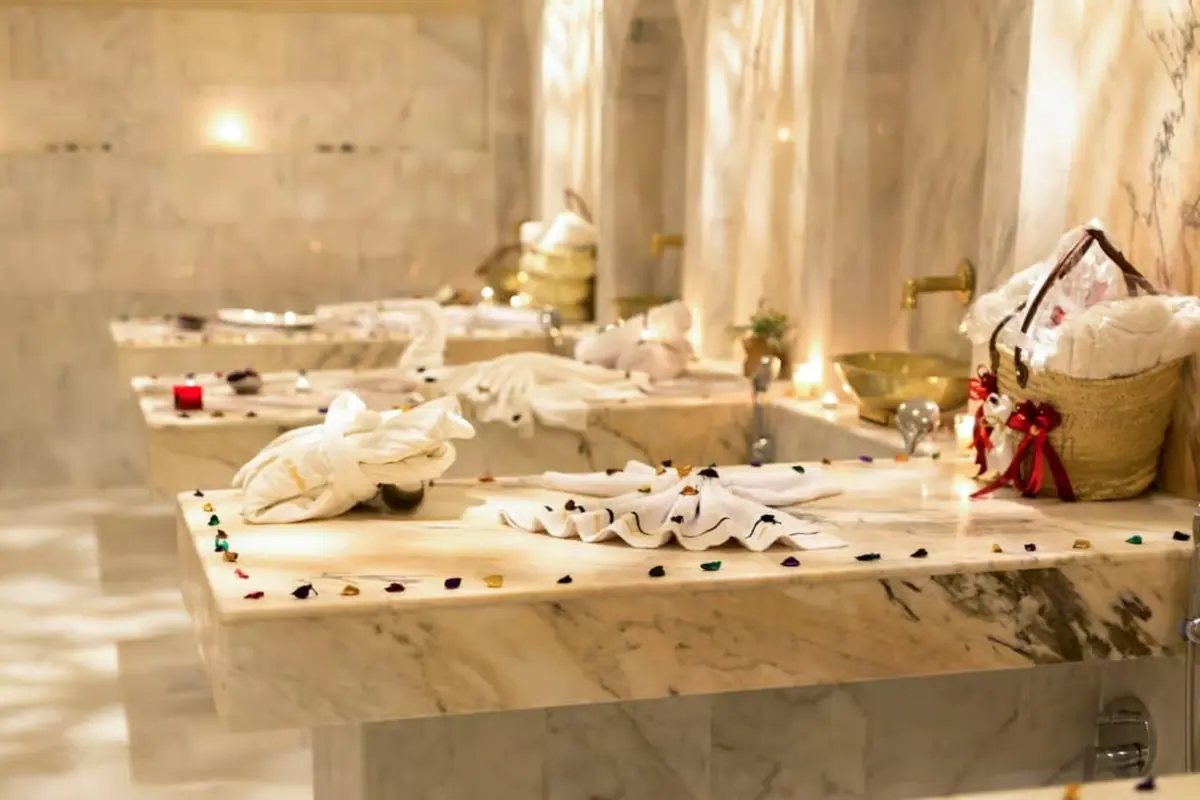 Marble hammam tables prepared with towels