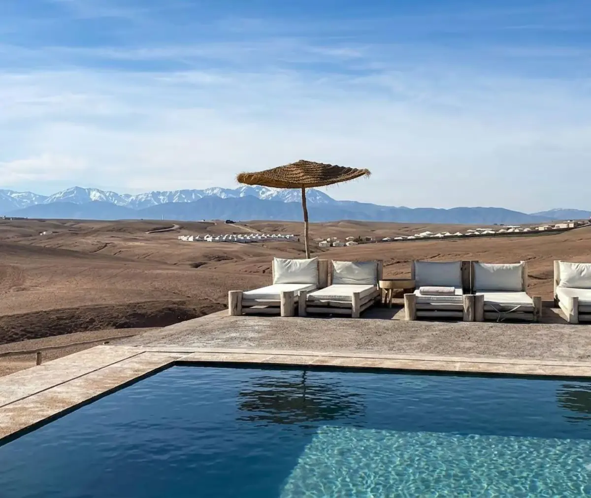 Pool facing the Atlas Mountains in the Agafay Desert