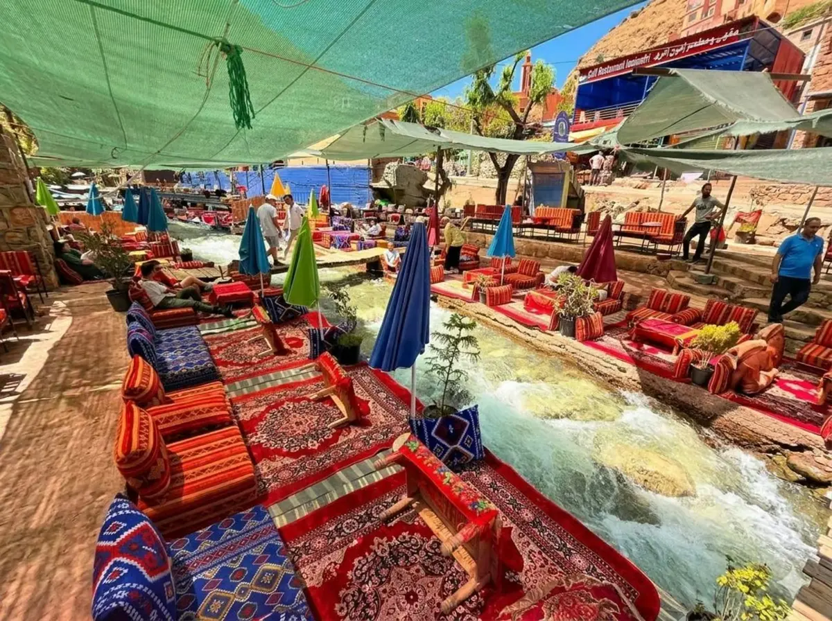 Colourful cushions and tables beside the Ourika River