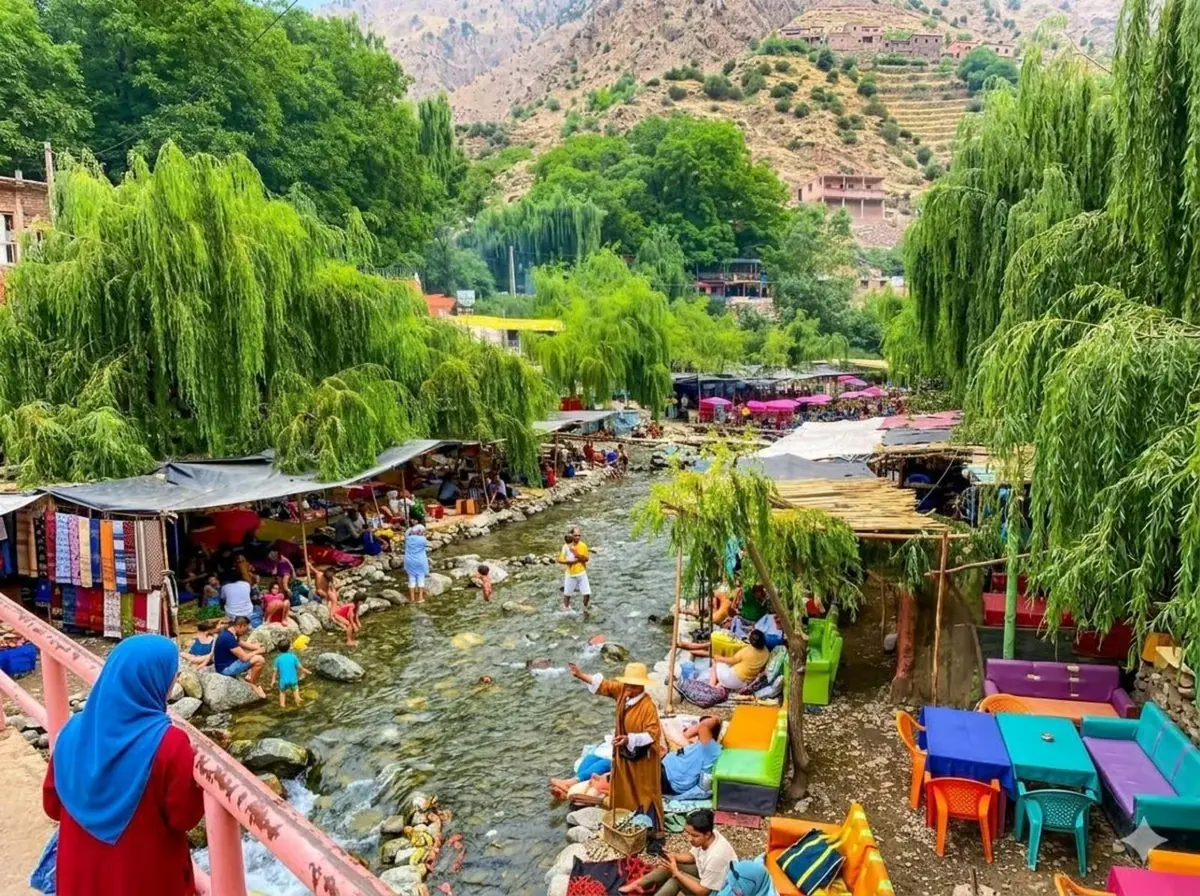 Ourika River lined with willow trees and terraces