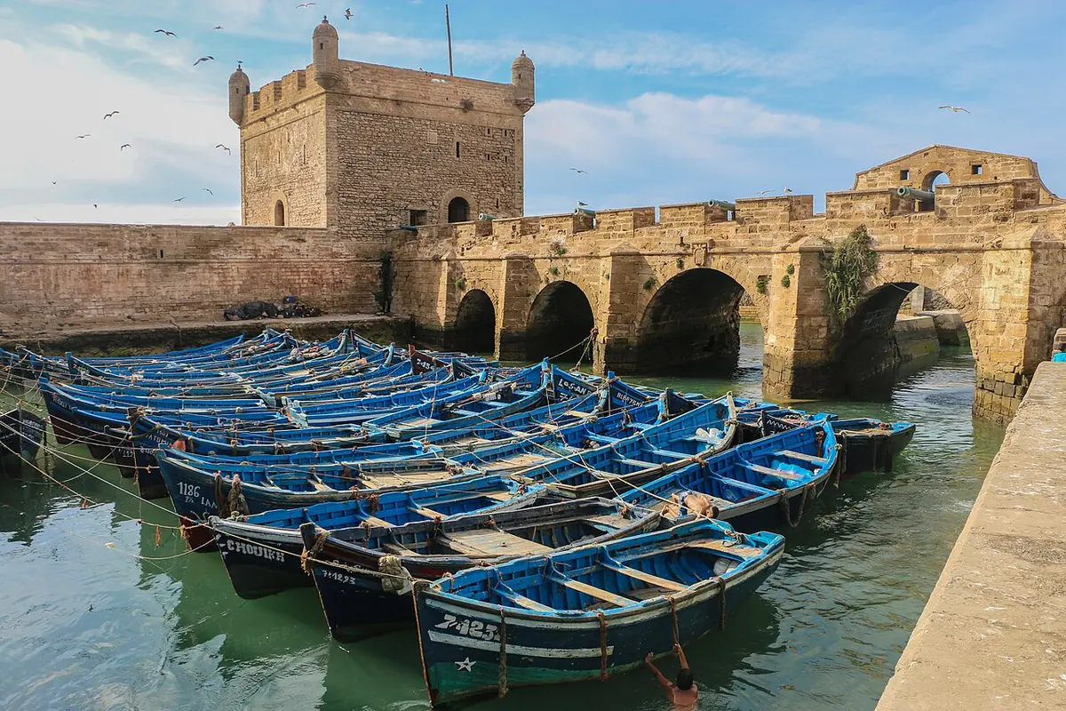 Blue fishing boats in the port of Essaouira